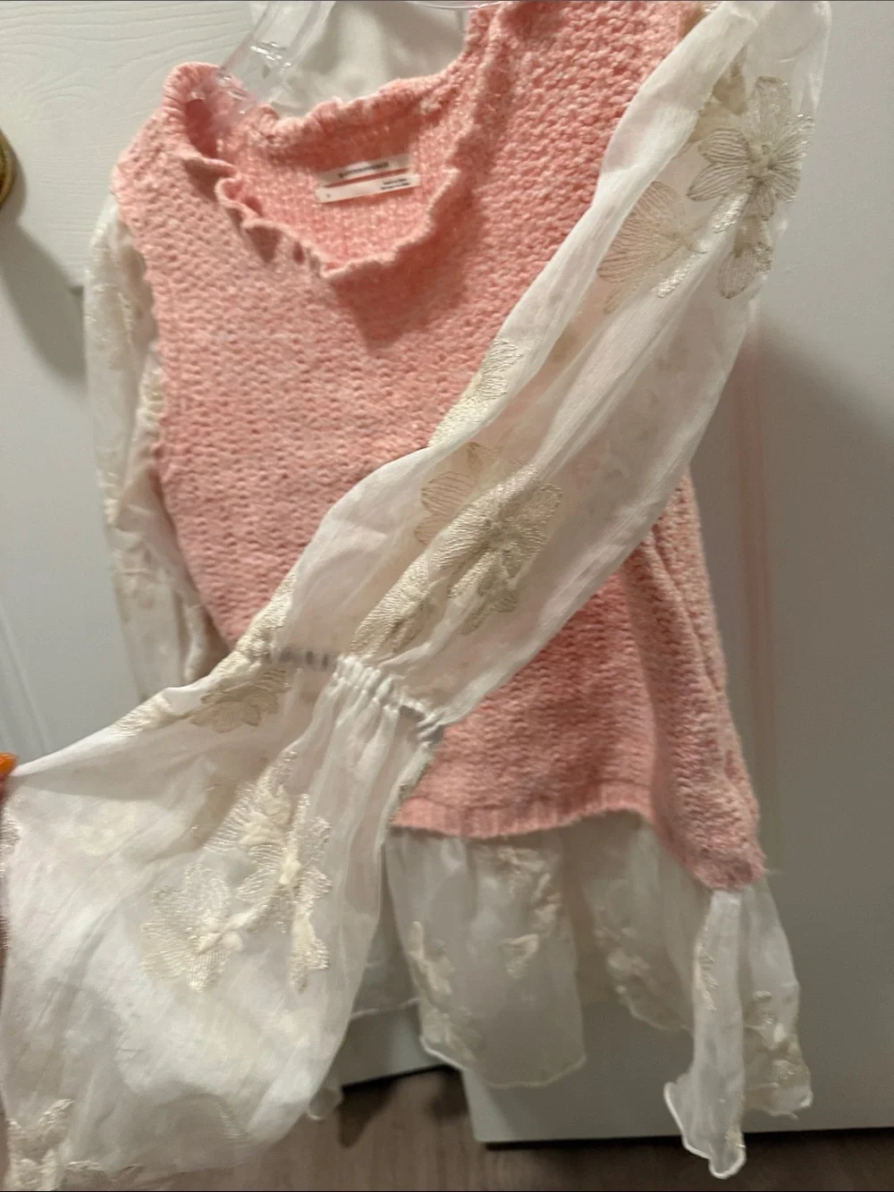 Anthropologie Pink Knit Overlay Blouse with Cream Sheer Sleeves